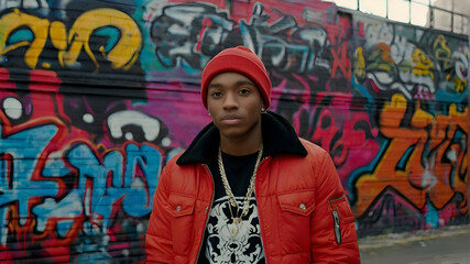 Obraz na płótnie Canvas A fashionable young man in a red beanie and jacket stands confidently against a vibrant backdrop of urban street art and graffiti