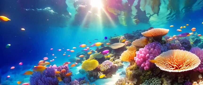 Underwater serenity meets the vibrant flamboyant life of a coral reef. A split-view of an underwater scene showcasing the beauty of tropical aquatic life. Great barrier reef in Australia.