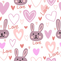 Cute seamless pattern with cartoon rabbits and pink hand drawn hearts. Used for wallpaper. Baby clothes and prints.Seamless Valentine pattern.