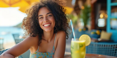 Happy curly woman on the tropical beach cafe