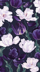 Realistic tulips wallpaper for desktop phone screen of social networks, outdoor advertising. Highly detailed dark purple and white spring flowers with leaves, petals for your design.