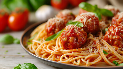 A delicious serving of spaghetti with meatballs.