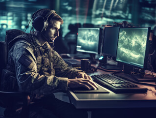 Soldier in military uniform is working on computer.