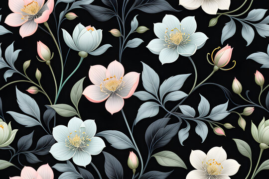 floral pattern featuring intricate botanical elements gracefully isolated on a stark black background.