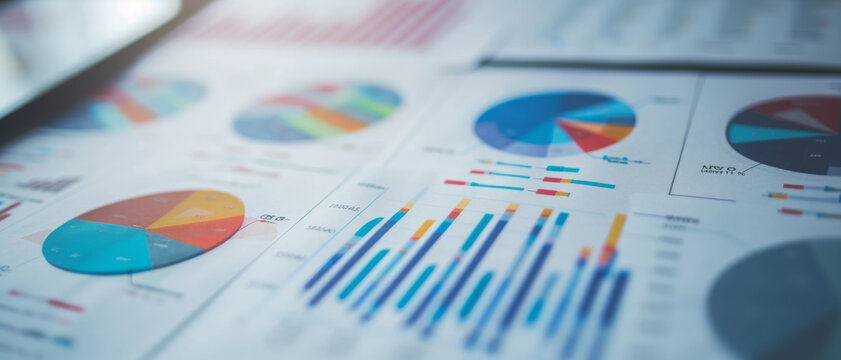 In-depth business analysis captured through vibrant pie charts and bar graphs on a document, showcasing data-driven decision making