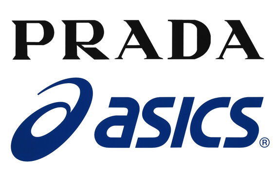 Collection of popular sportswear manufactures logos printed on paper: Prada and Asics
