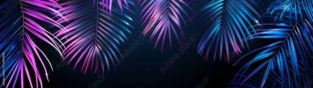 Wall mural Palm leaf silhouette on neon pink blue and purple, Background with tinted pink and blue palm leaves. Tropical leaves background. Colorful bright foliage Palm leaf wallpaper