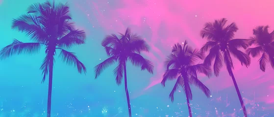 Deurstickers Bright neon landscape with sea and palm trees background. © Gasi