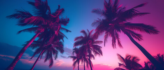 Fototapeta na wymiar Bright neon landscape with sea and palm trees background.