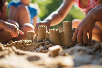 Close-up of kids playing with sand in park on sunny day. Childhood concept. Vacation and Travel Concept with Copy Space. - obrazy, fototapety, plakaty