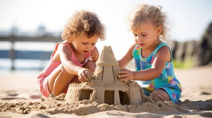 Two little girls playing with a sand castle on a sunny day. Childhood concept. Vacation and Travel Concept with Copy Space.