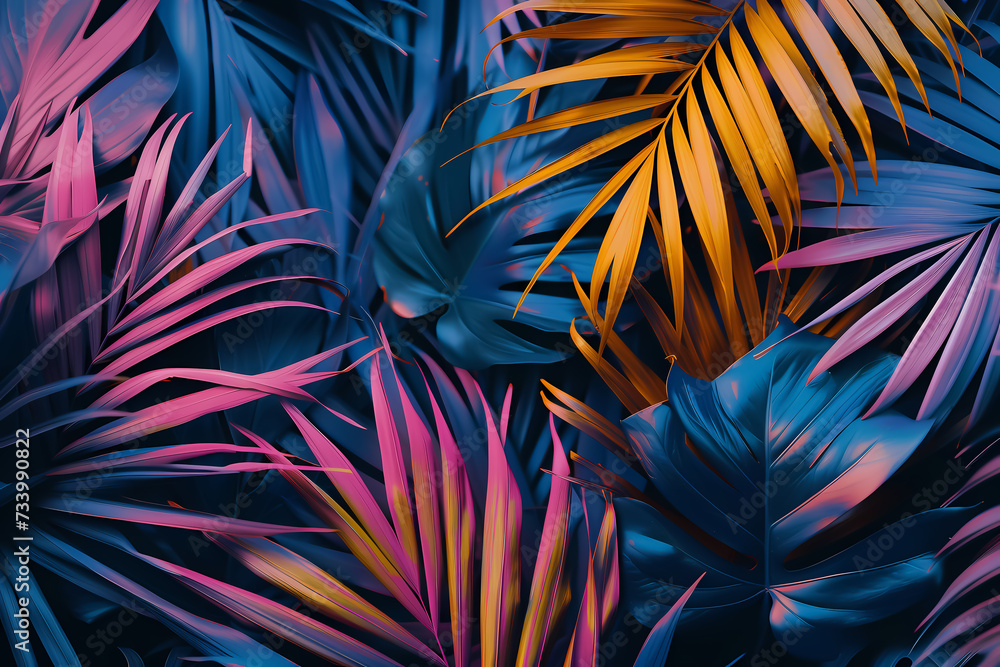 Wall mural palm leaf neon pink blue and purple, background with tinted pink and blue palm leaves. tropical leav