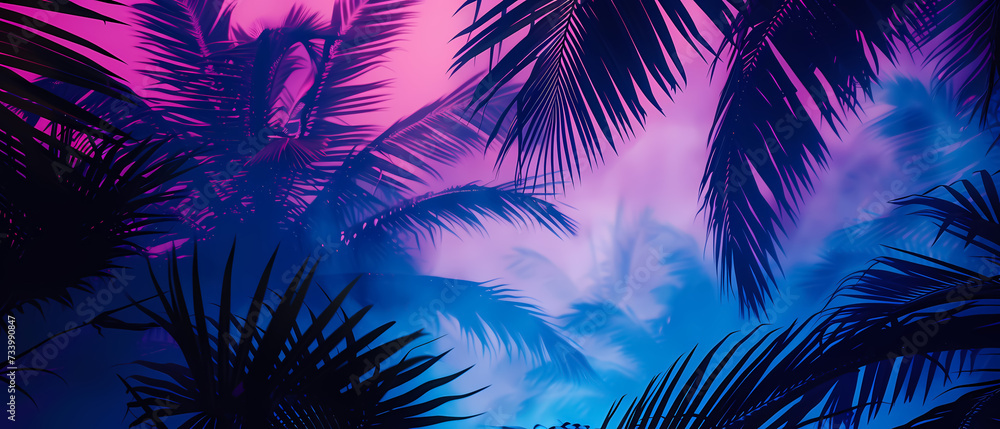 Wall mural bright neon landscape with sea and palm trees background. synthwave wallpaper style