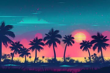 Bright neon landscape with sea and palm trees background. synthwave wallpaper style