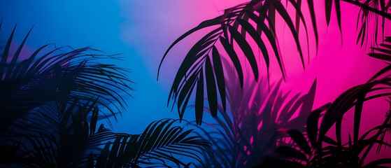 Fototapeta na wymiar Bright neon landscape with sea and palm trees background. synthwave wallpaper style