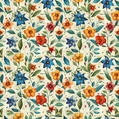 A tiled pattern of colorful aquarelle flowers