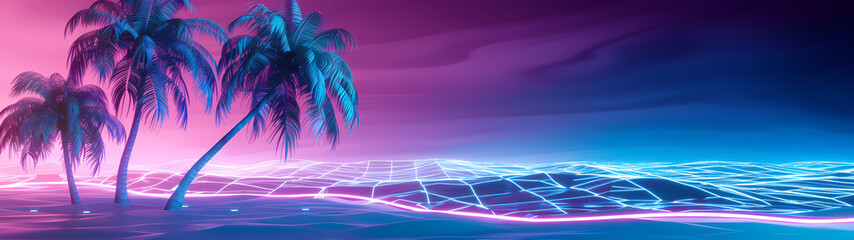 Bright neon landscape with sea and palm trees background. synthwave wallpaper style