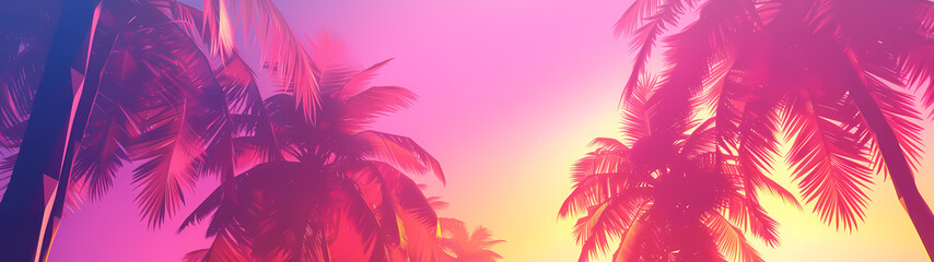 Fototapeta na wymiar Bright neon landscape with sea and palm trees background. synthwave wallpaper style