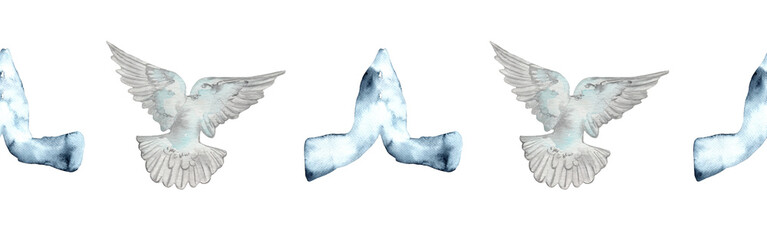 Watercolor birds flying pigeon chross border. Birds seamless border. Hand painted illustration in natural colors on white backround.