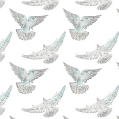 Watercolor birds flying pigeons paattern. Birds print. Hand painted illustration in natural colors on white backround.
