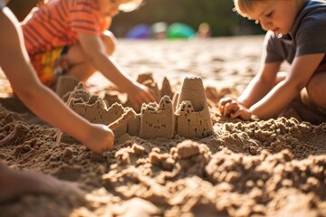 Children building sand castle on beach. Boy and girl playing in sand. Childhood concept. Vacation and Travel Concept with Copy Space.