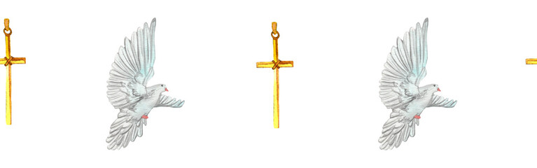 Watercolor birds flying pigeon chross border. Birds seamless border. Hand painted illustration in natural colors on white backround.