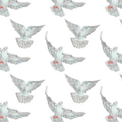 Watercolor birds flying pigeons paattern. Birds print. Hand painted illustration in natural colors on white backround.