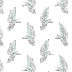 Watercolor birds flying pigeons paattern. Birds print. Hand painted illustration in natural colors on white backround.