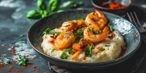 Savory Shrimp and Grits with Fresh Parsley. Seasoned shrimp on creamy grits, garnished with parsley, perfect for a Southern-style meal. - obrazy, fototapety, plakaty