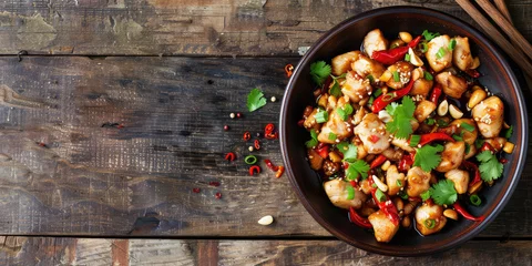 Foto op Plexiglas Spicy Kung Pao Chicken with Peppers and Sesame. Succulent Kung Pao Chicken garnished with green onions, red chili peppers, and sesame seeds, served in a bowl. © IndigoElf