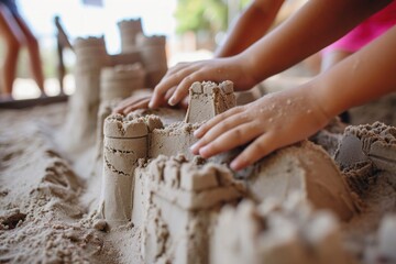 Close up of a child's hands making a sand castle from sand. Childhood concept. Vacation and Travel Concept with Copy Space.