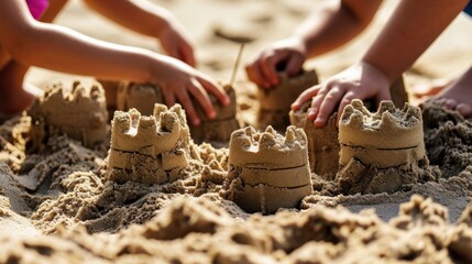 Children building sand castle on beach, closeup. Kids playing outdoors. Childhood concept. Vacation and Travel Concept with Copy Space.