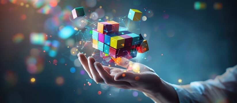 Human hand holding colorful cubes in soft blue background. Generated AI image