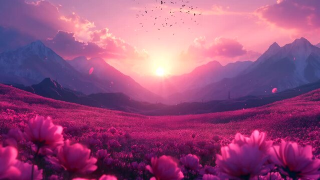 Sunset moment in a flower field with spring mountains in the background. seamless looping 4k time-lapse animation video background