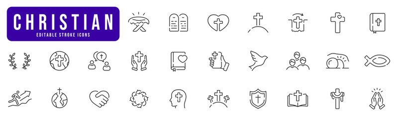 Christian religion line icon set. Cross, bible, christmas, easter, dove etc. Editable stroke