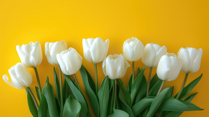 White tulips on yellow background. Floral wallpaper. Greeting card. International Women's Day. Birthday, anniversary. Spring concept
