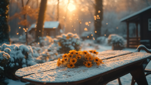 Back yard of cosy guest house with flowers on the table and, spring season and melting snow around, sunlight, relaxing image, plants, house in the nature, perfect place for living