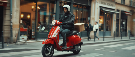 Fototapeta na wymiar Delivery man in motion on a vibrant red scooter, navigating through city streets with a package, depicting urban logistics