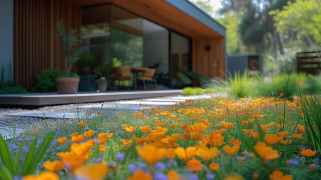 Super modern luxury villa with lake and flowers blowing, spring season, sunlight, relaxing image, plants, modern house in the nature, perfect place for living, eco house