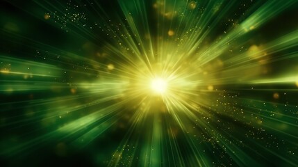 Asymmetric green light burst, abstract beautiful rays of lights on dark green background with the color of green and yellow, golden green sparkling backdrop with