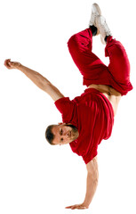 Young attractive man, guy, dancer wearing stylishly cloth dancing hip-hop, breakdance elements,...
