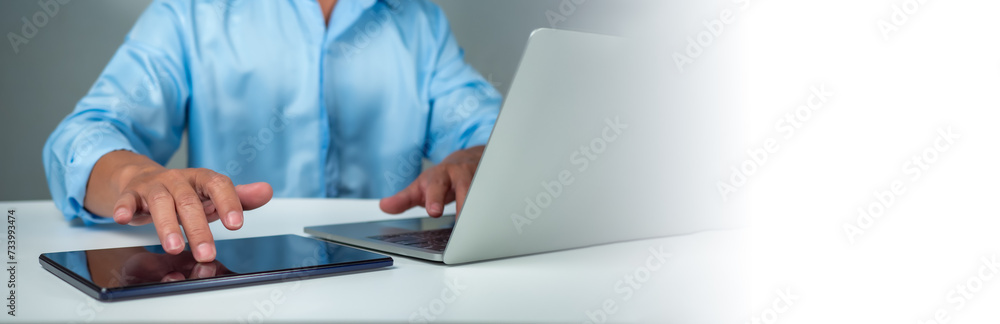 Poster businessman using tablet to login represents protection concept of cyber security and data security 