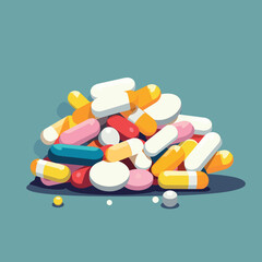 Pile of drugs and pills on blue background, Medical pill, Tablet pharmaceutical symbol. Vector Illustration