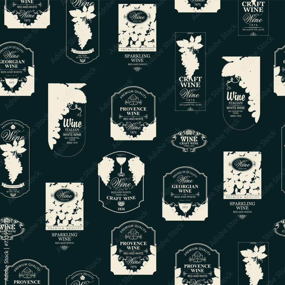 Poster seamless pattern with ornate wine labels in retro style. repeating vector background on the theme of