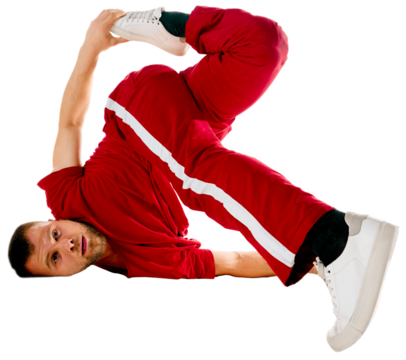 Dynamic portrait of stylishly dressed young sportive man performing dance, freestyle, breakdance elements in motion against transparent background. Concept of youth culture, lifestyle. Copy space.