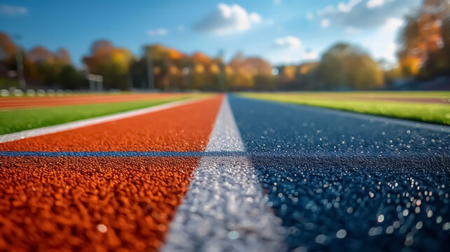 Athlete running on racetrack, red lines on stadium, action shot, motion, copy space, detailed picture, focus on the legs, beautiful blurred background of stadium