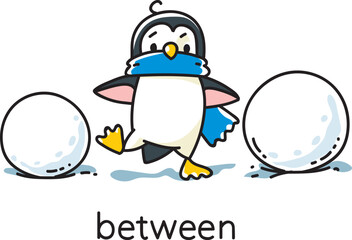 Preposition of place. Penguin go between snowballs - 733994837