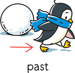 Preposition of movement. Penguin walks past a snow