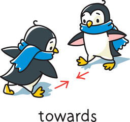 Preposition of movement. Two penguins go towards
