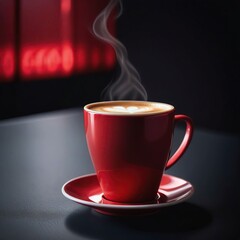 A coffee in a red cup with a dark background